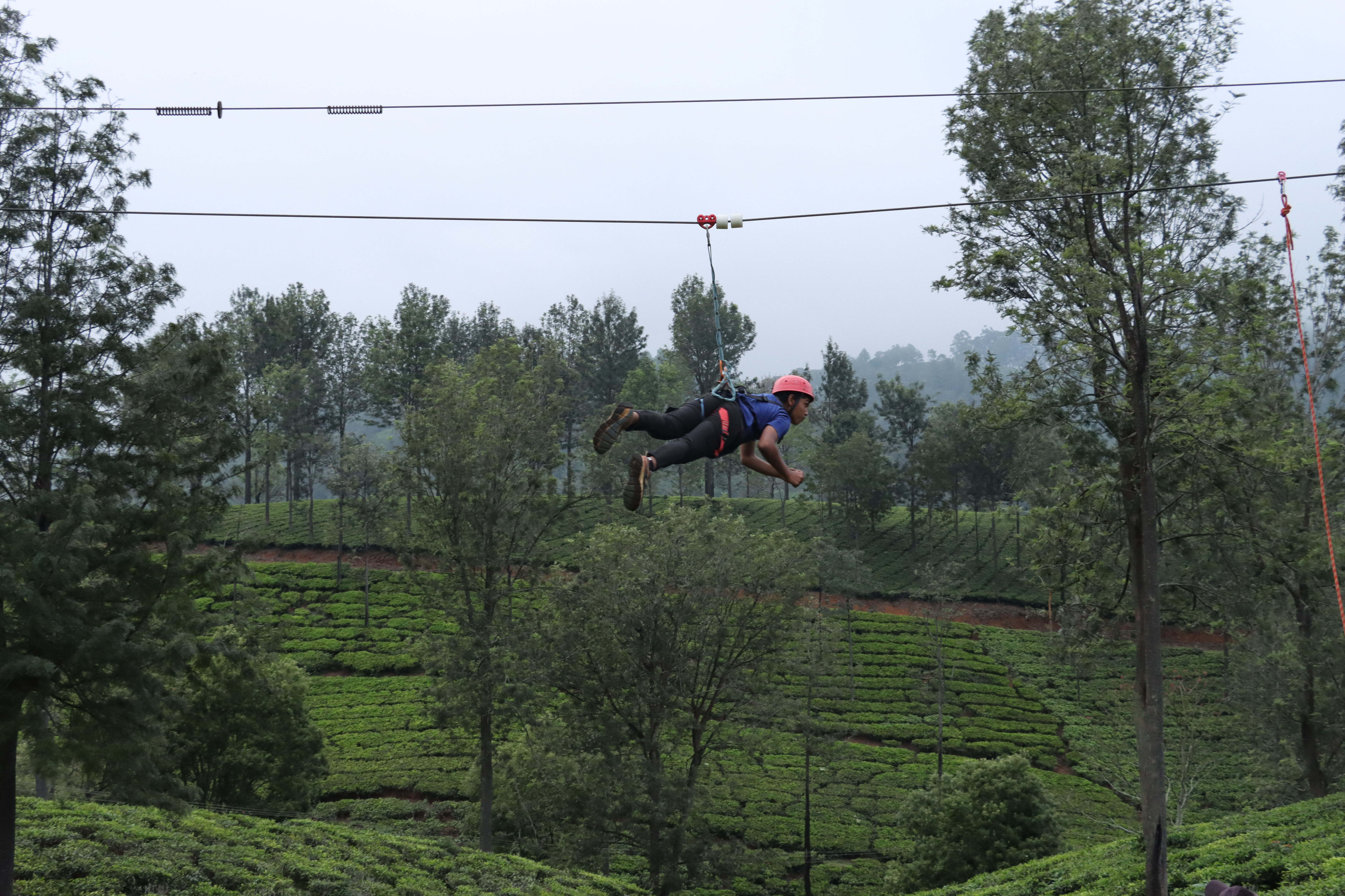 AWS student ziplining across a tea plantation valley