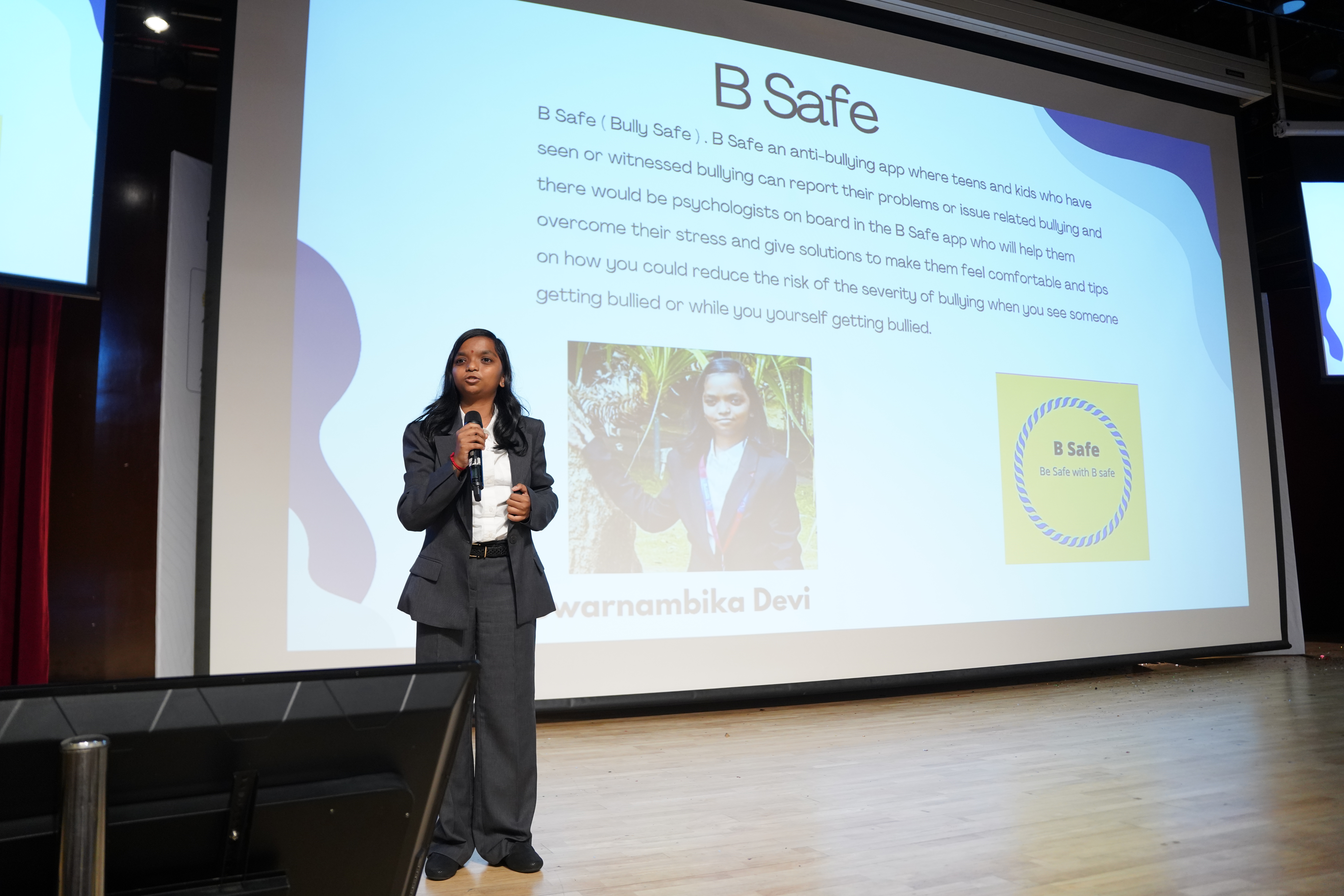 AWS student presenting the B Safe anti-bullying app pitch