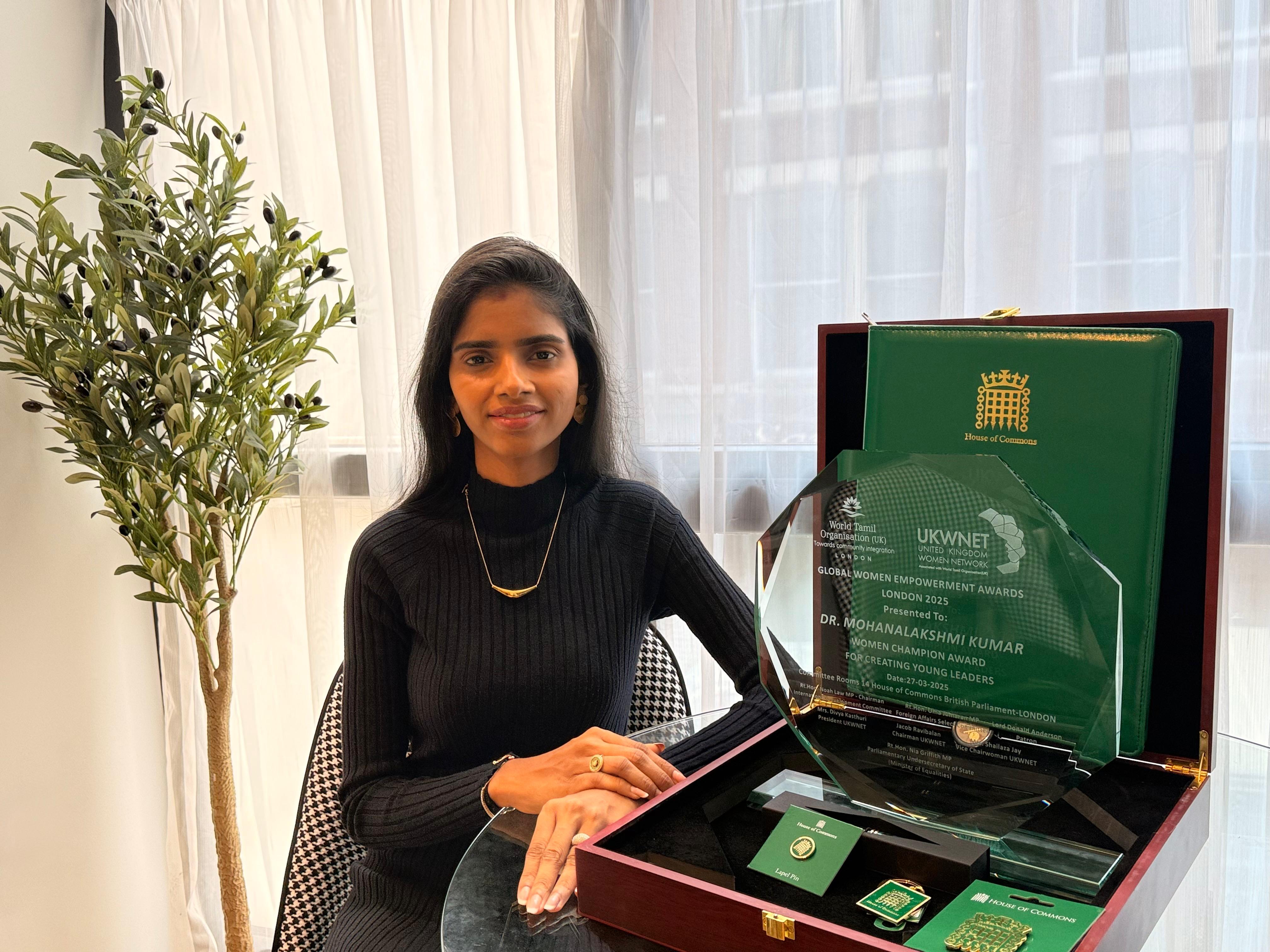 Founder Dr. Mohana Lakshmi with the UK Global Women Empowerment award case